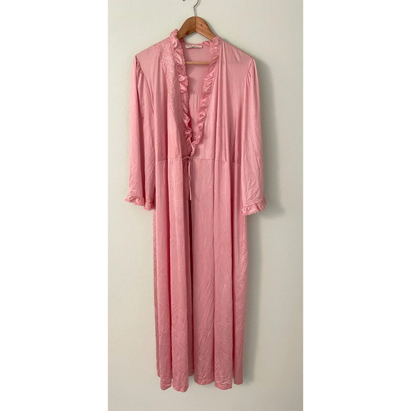 Vintage Womens Peignoir Robe Large Pink Satin Floral Embroidered Romantic 70s - Picture 1 of 8
